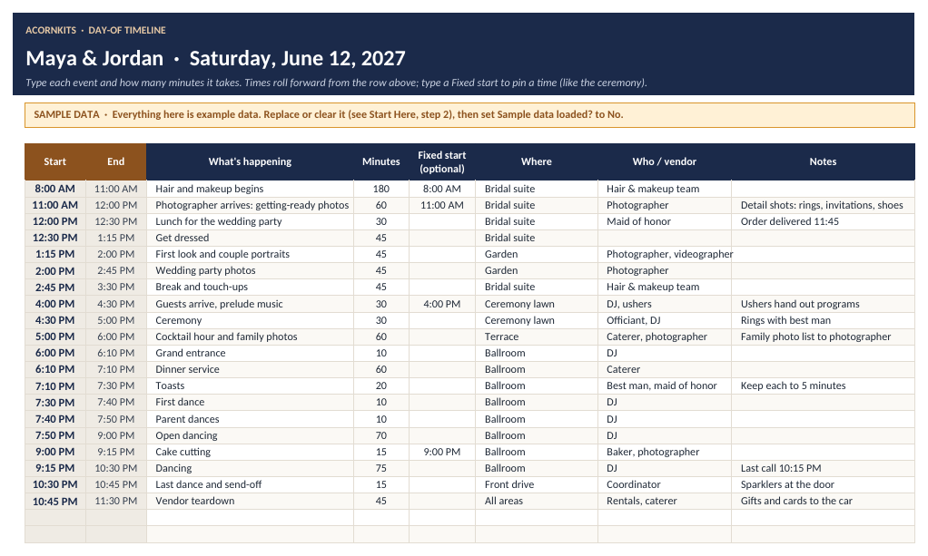 Day-of timeline with sample schedule